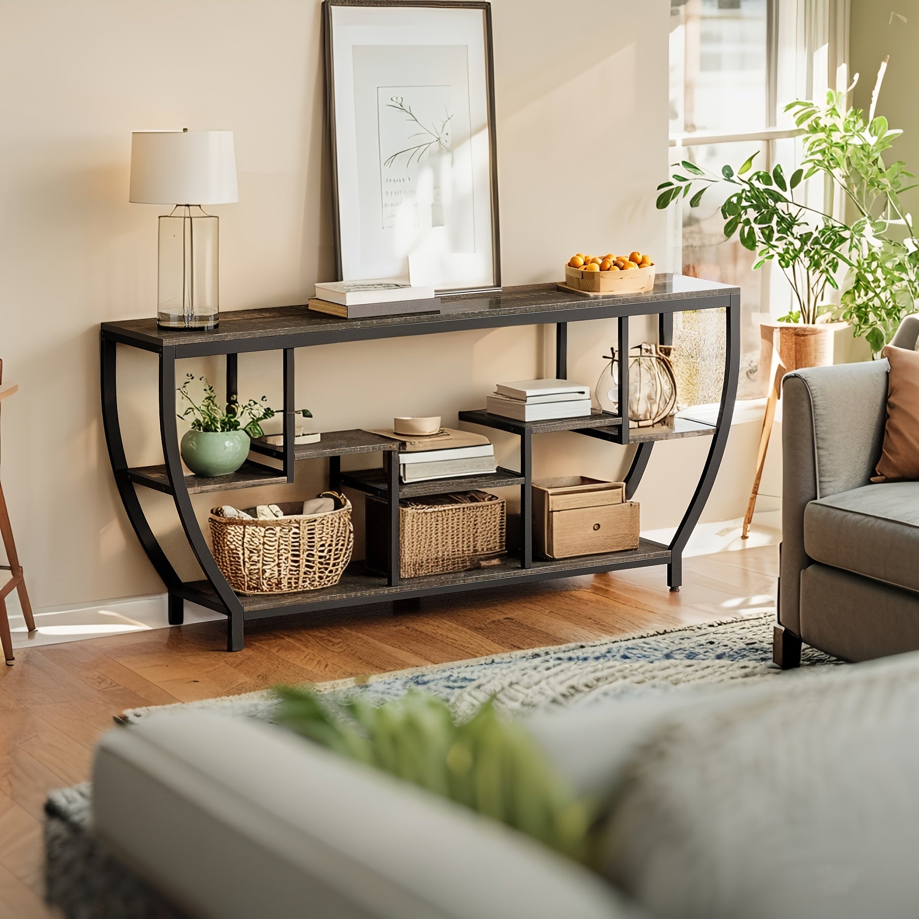 Industrial Console Table - 3-Tier Narrow Sofa Table with Open Shelves