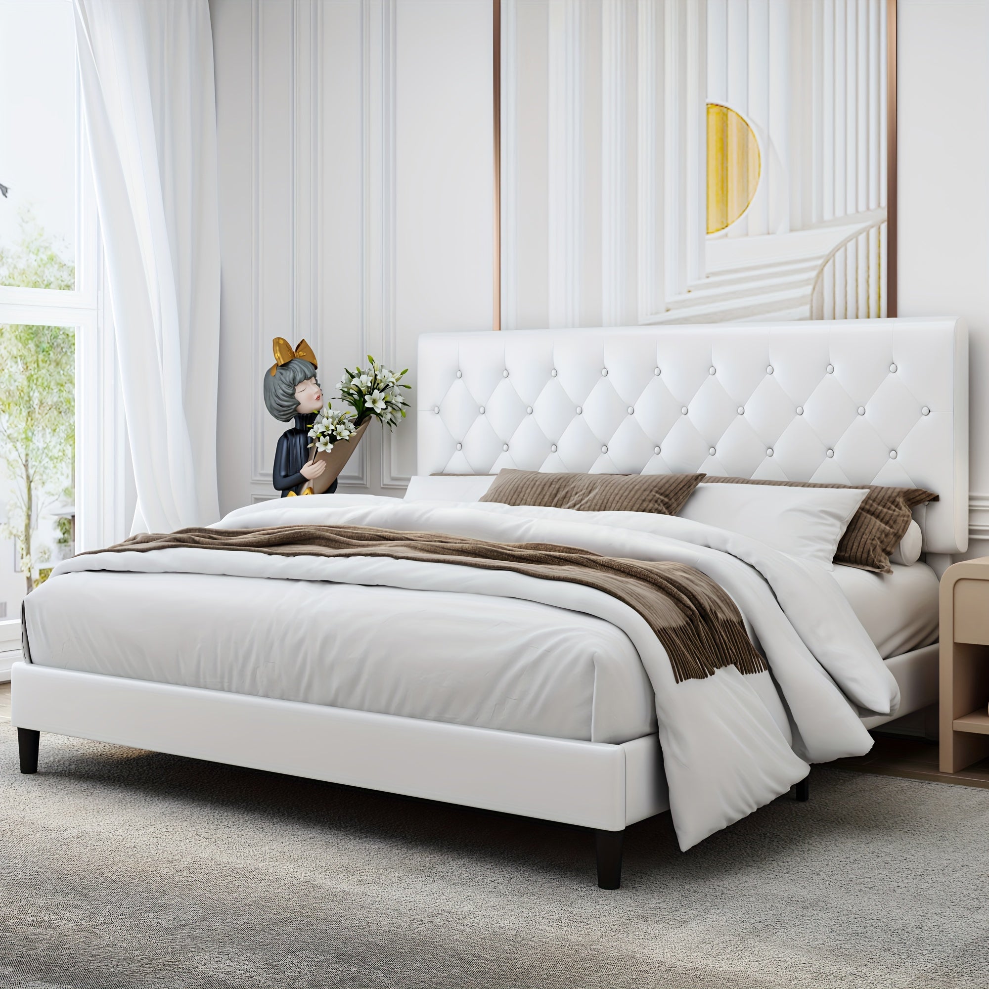 Faux leather platform bed with strong wooden slats, Upholstered Bed Frame with Adjustable Stitched Button Tufted Headboard