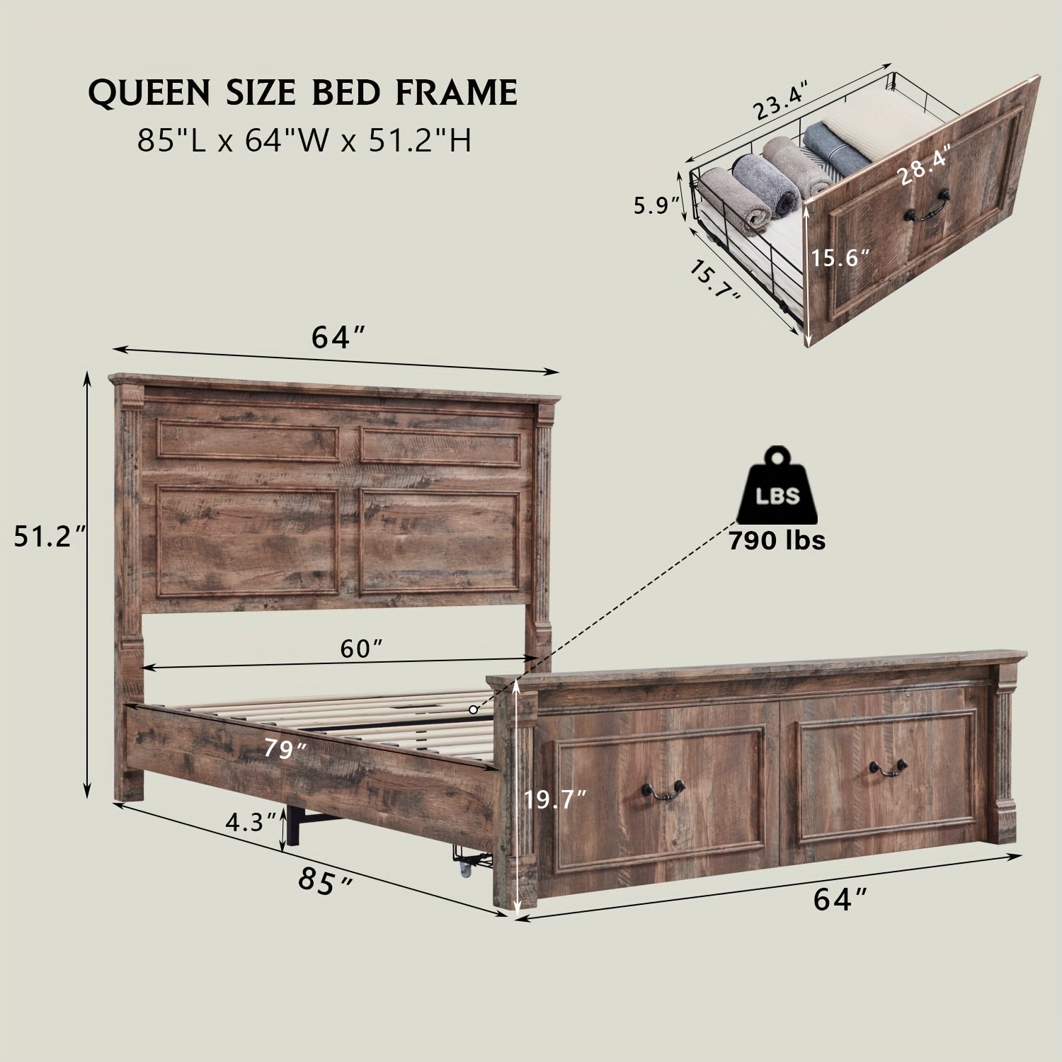 Rustic Farmhouse Full-Size Bed Frame with Tall Headboard