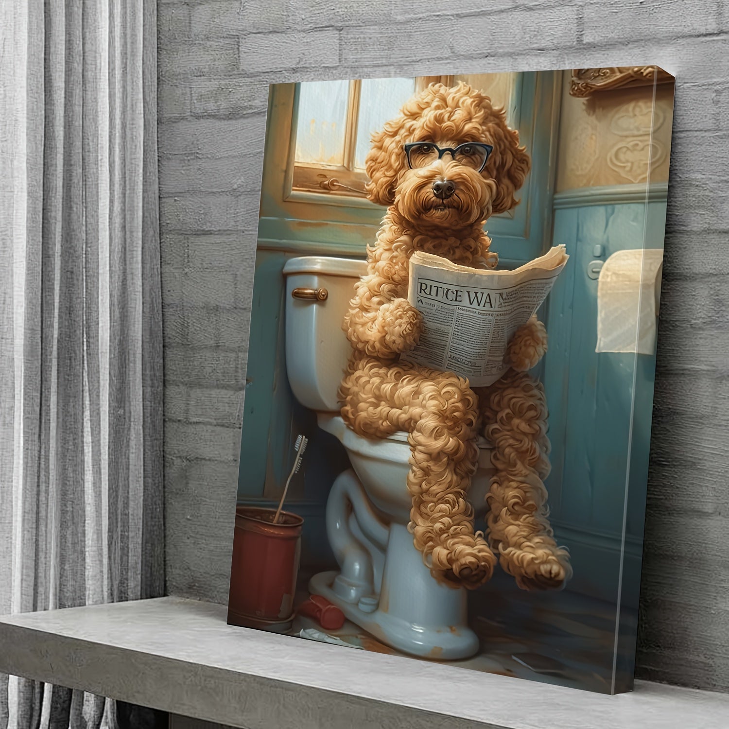 Whimsy Quirky Canvas Wall Art - Wood Frame Print, Humorous Dog on Toilet Reading Newspaper