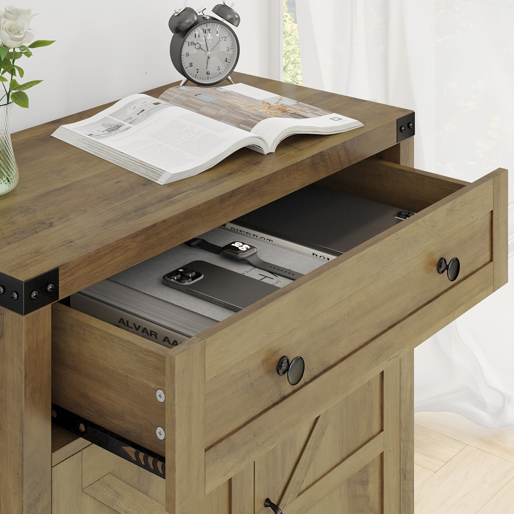 Double-Door Storage Cabinet with Drawer, Modern Farmhouse Buffet Sideboard