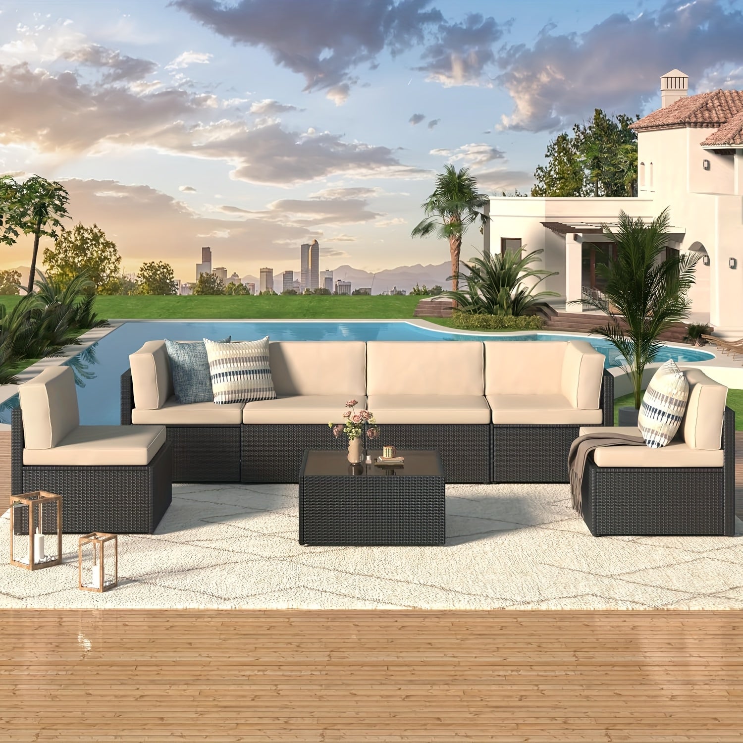 7pcs Outdoor Patio Furniture Set, Outdoor Sectional Conversation Furniture Chair with Coffee Table, Patio Sectional