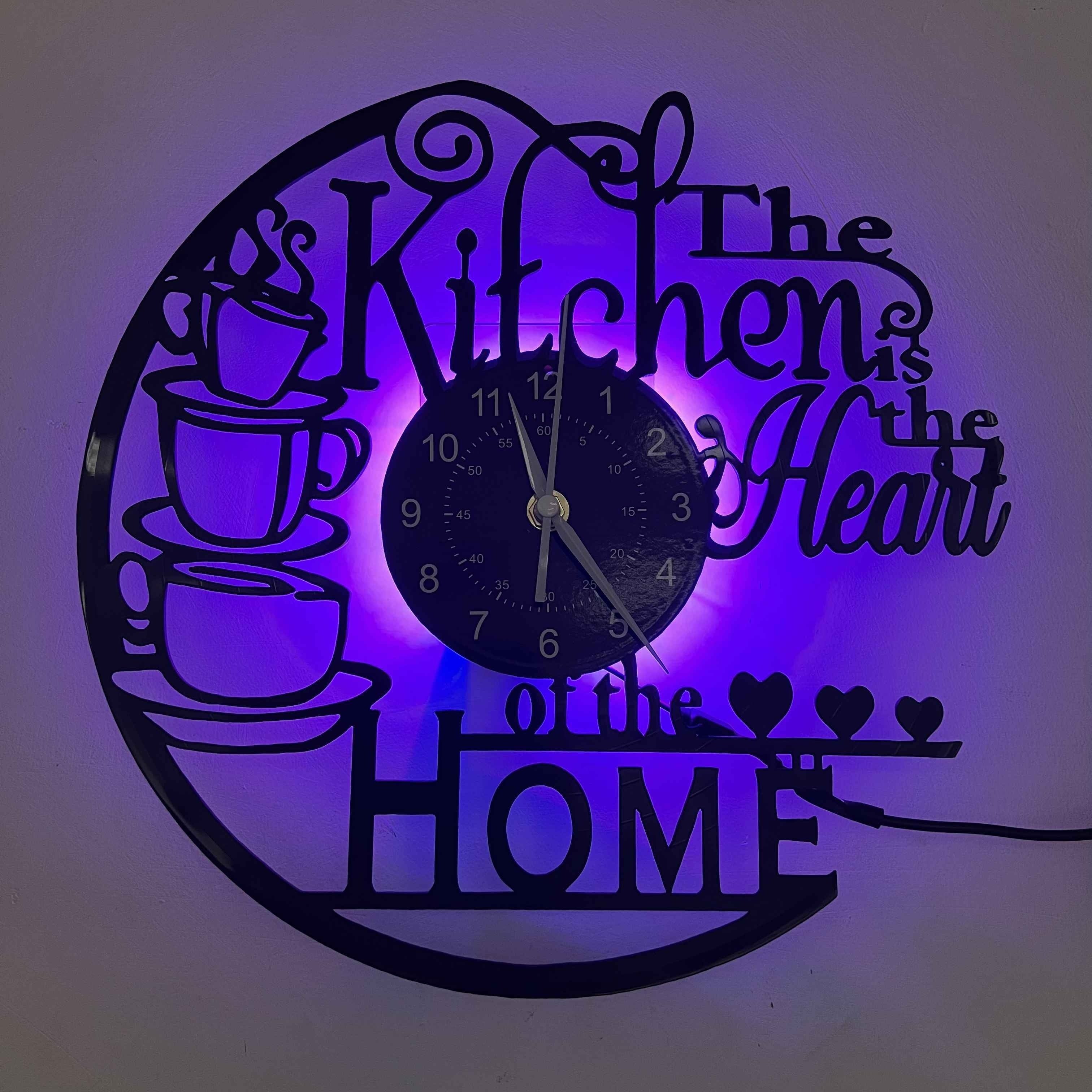 Vinyl Wall Clock - LED Glow-in-the-dark With Seven Colors, Home Kitchen Theme - For Home Decor, Bar Decor, Store Decor - Art Pieces