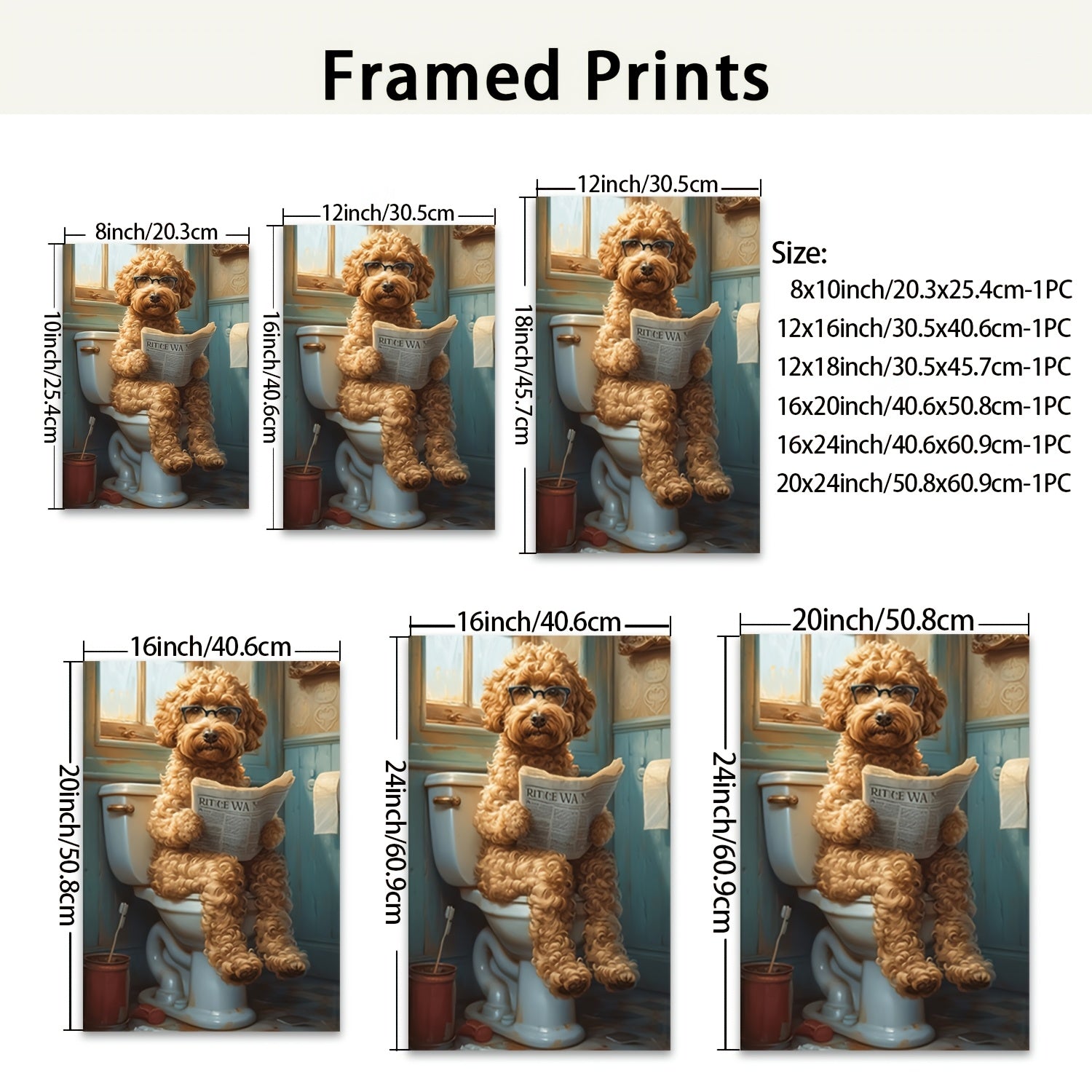 Whimsy Quirky Canvas Wall Art - Wood Frame Print, Humorous Dog on Toilet Reading Newspaper