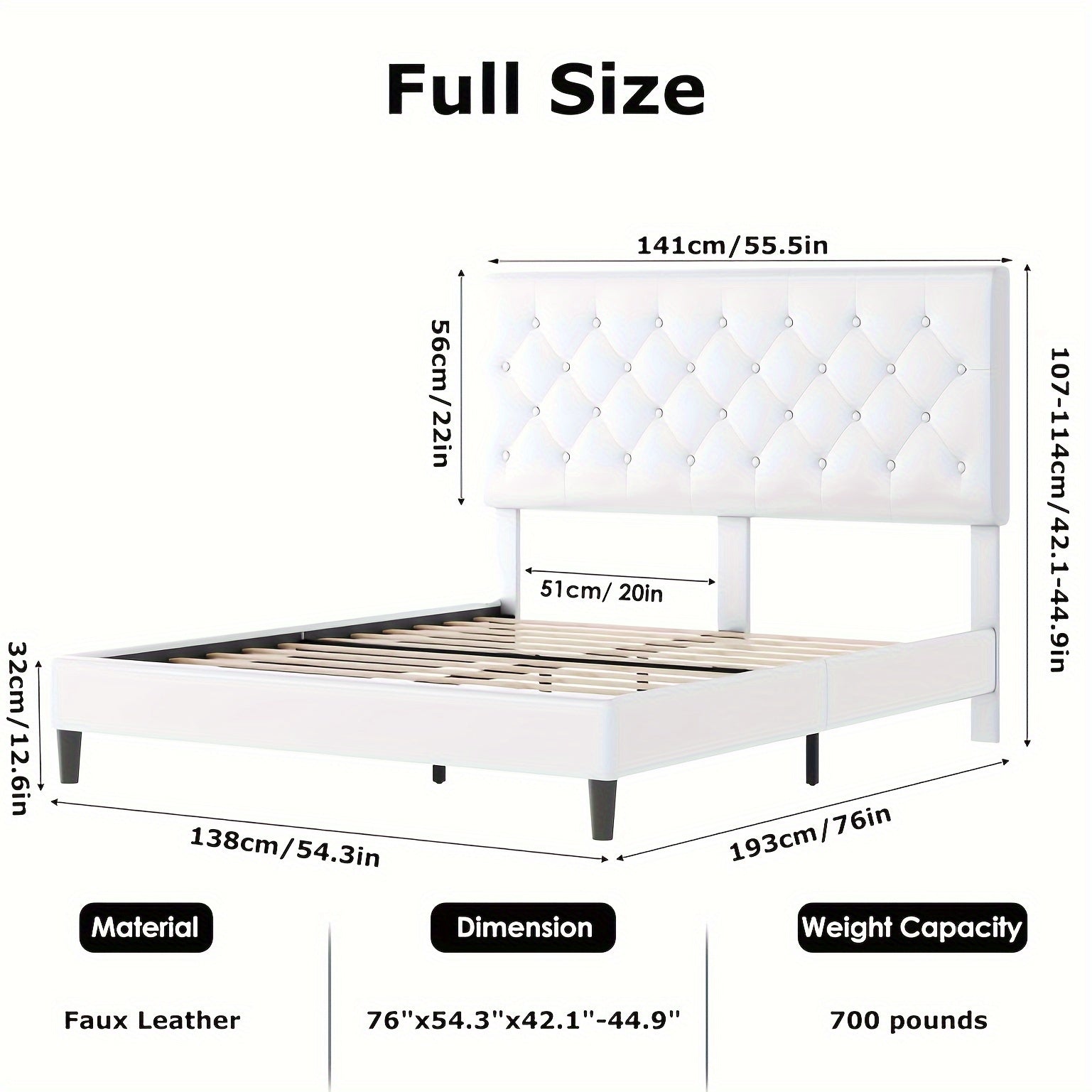 Faux leather platform bed with strong wooden slats, Upholstered Bed Frame with Adjustable Stitched Button Tufted Headboard