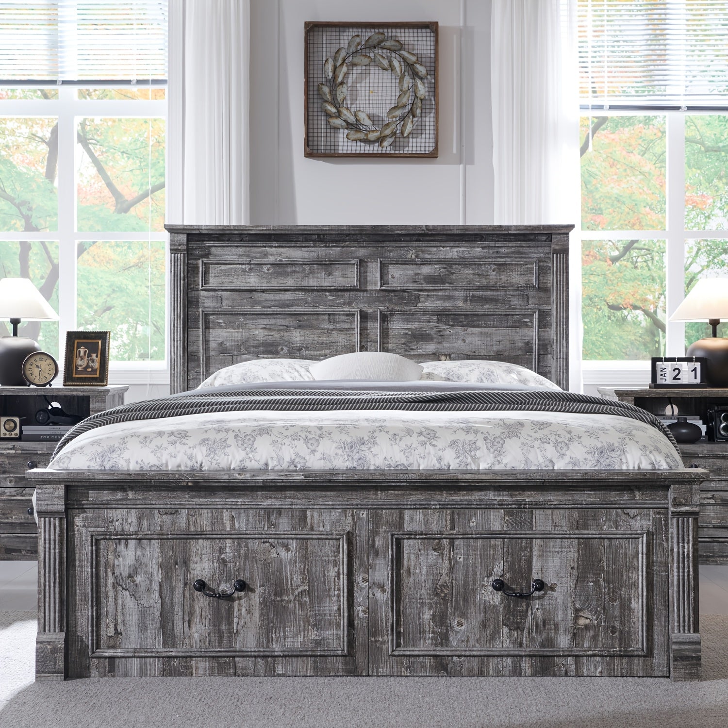 Rustic Farmhouse Full-Size Bed Frame with Tall Headboard