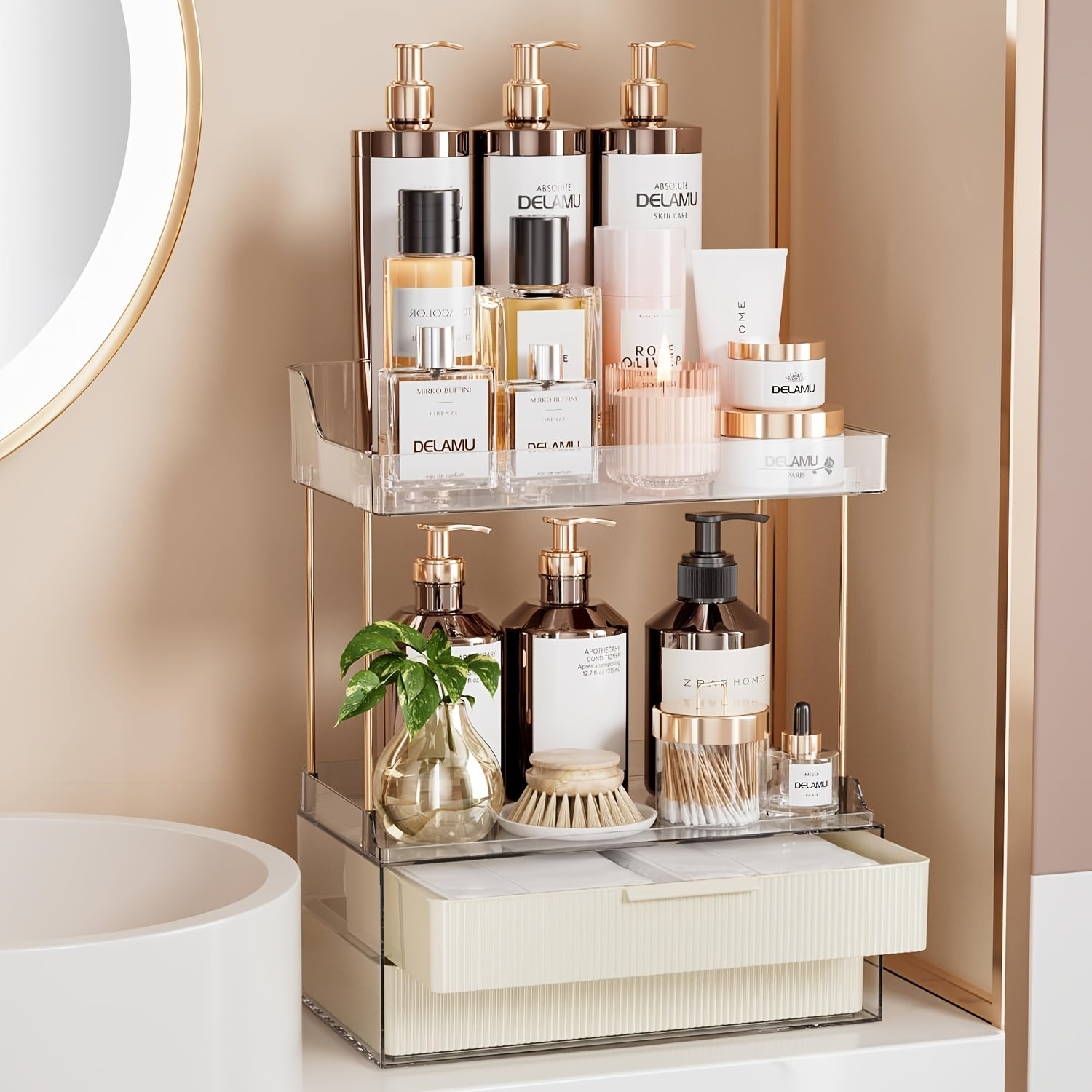2-Tier Delamu Bathroom Organizer - Multi-Purpose Makeup & Skincare Storage, Large Countertop Vanity with 2 Drawers