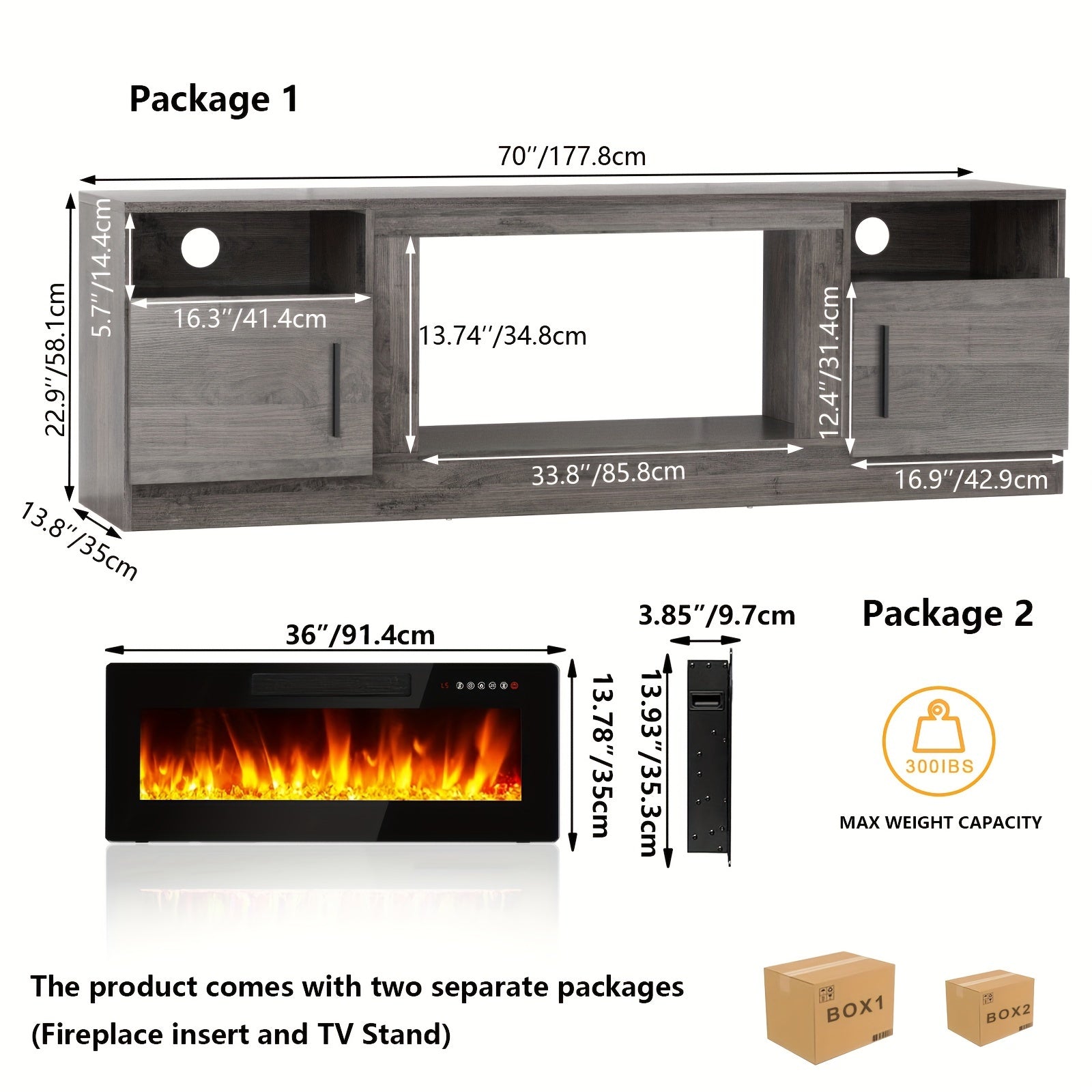 70" Modern Wooden TV Stand for TVs Up to 80" - Electric Fireplace Entertainment Center with 36" High Gloss Media Console, 16-Color LED Lights, Storage Cabinet & US Plug (120V)