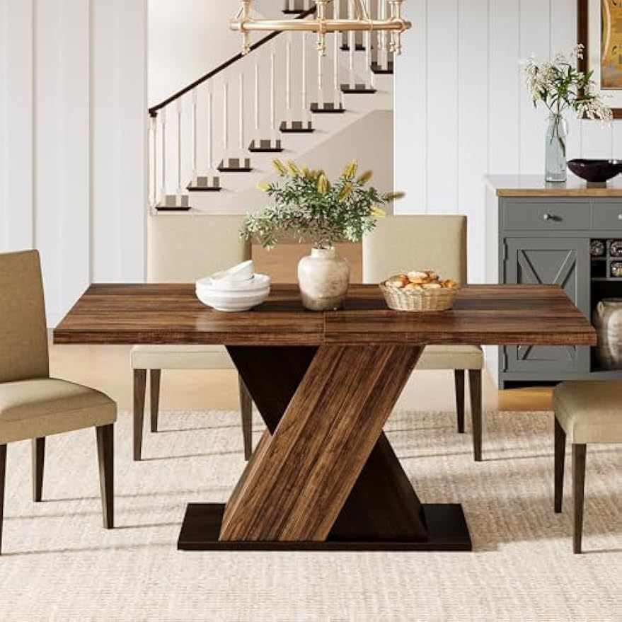55-Inch Rectangle Wood Dining Table - Farmhouse Dining Table for 4-6 People - Dinner Table for Dining Room