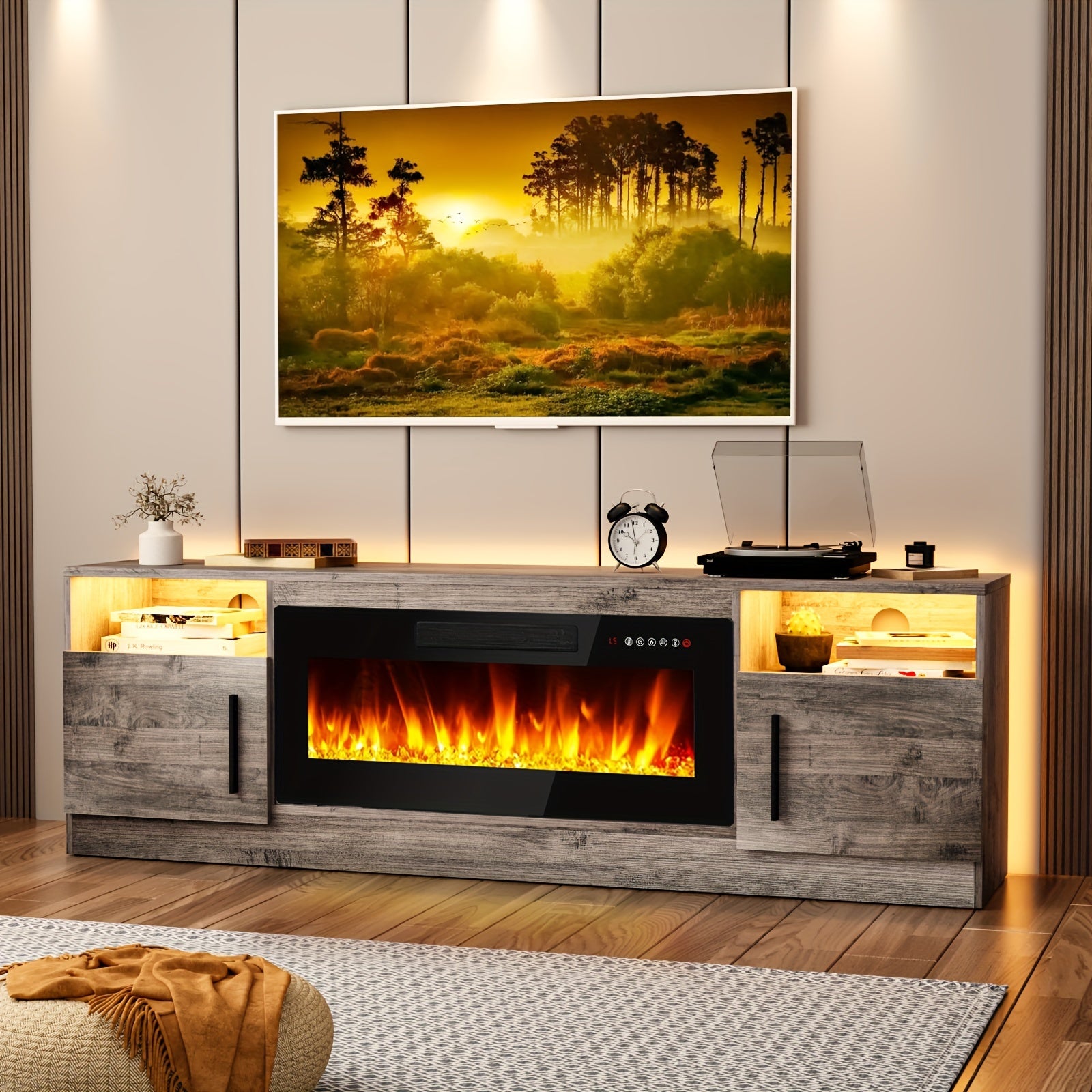 70" Modern Wooden TV Stand for TVs Up to 80" - Electric Fireplace Entertainment Center with 36" High Gloss Media Console, 16-Color LED Lights, Storage Cabinet & US Plug (120V)