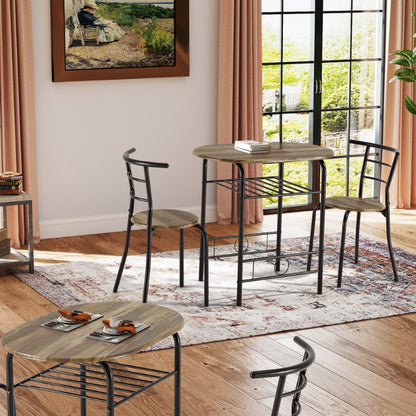 3pcs Dining Table Set for 2, Kitchen Table and Chair Set with Tabletop &amp; PVC Veneer, Compact Dining Table Set with Metal Frame and Built-in Rack, for Small space