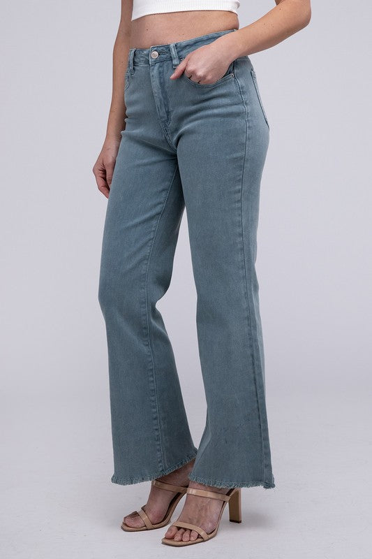 Acid -washed frayed cutoff hem straight wide pants.