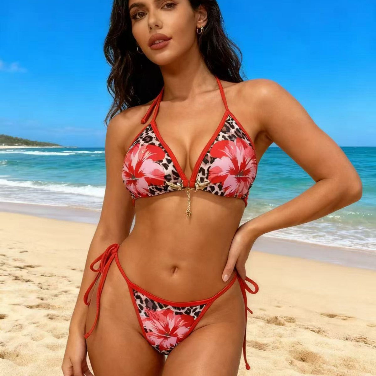 Leopard Print Red Flower Bikini Tie-Up Two-Piece Swimsuit Bikini Export