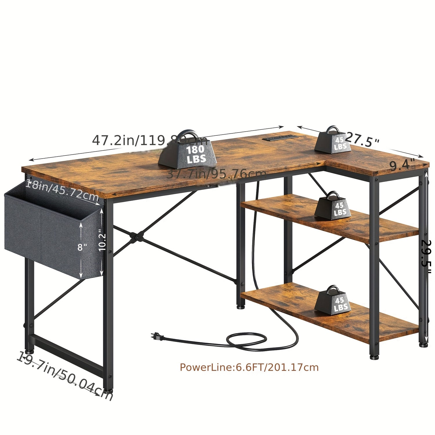 L Shaped Computer Desk With Power Outlets, Computer Desk With Storage Shelves, Home Office Corner Desk For Work, Writing Study Desk With Gaming Desk For Bedroom Office Dorm