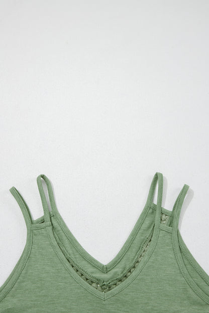 Grass Green Solid Color Lace Detail V Neck Sleeveless Shift Mini Dress