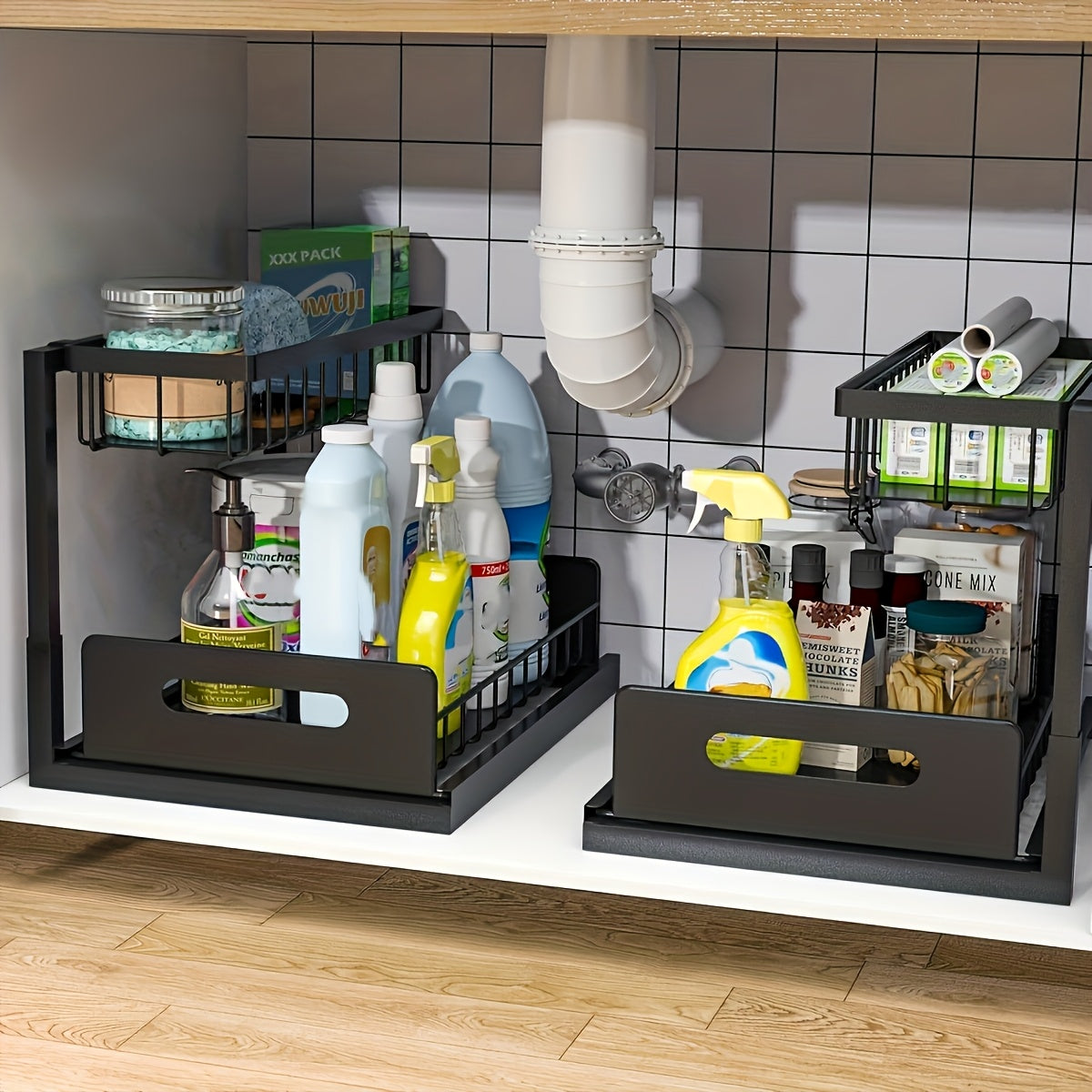 2-Pack Heavy-Duty Metal Under Sink Organizer with 2-Tier Pull-Out Sliding Drawers &amp; room, Pantry, Closet Cabinets, Kitchen Sink organizer