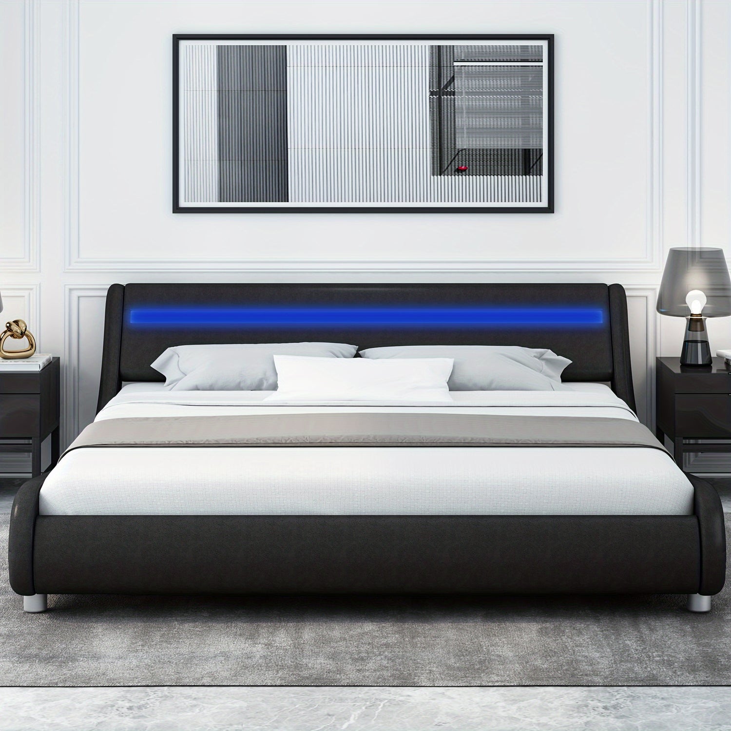 Modern Black Platform Bed with Sleek Faux Leather Upholstery &amp; Wooden Slat Support