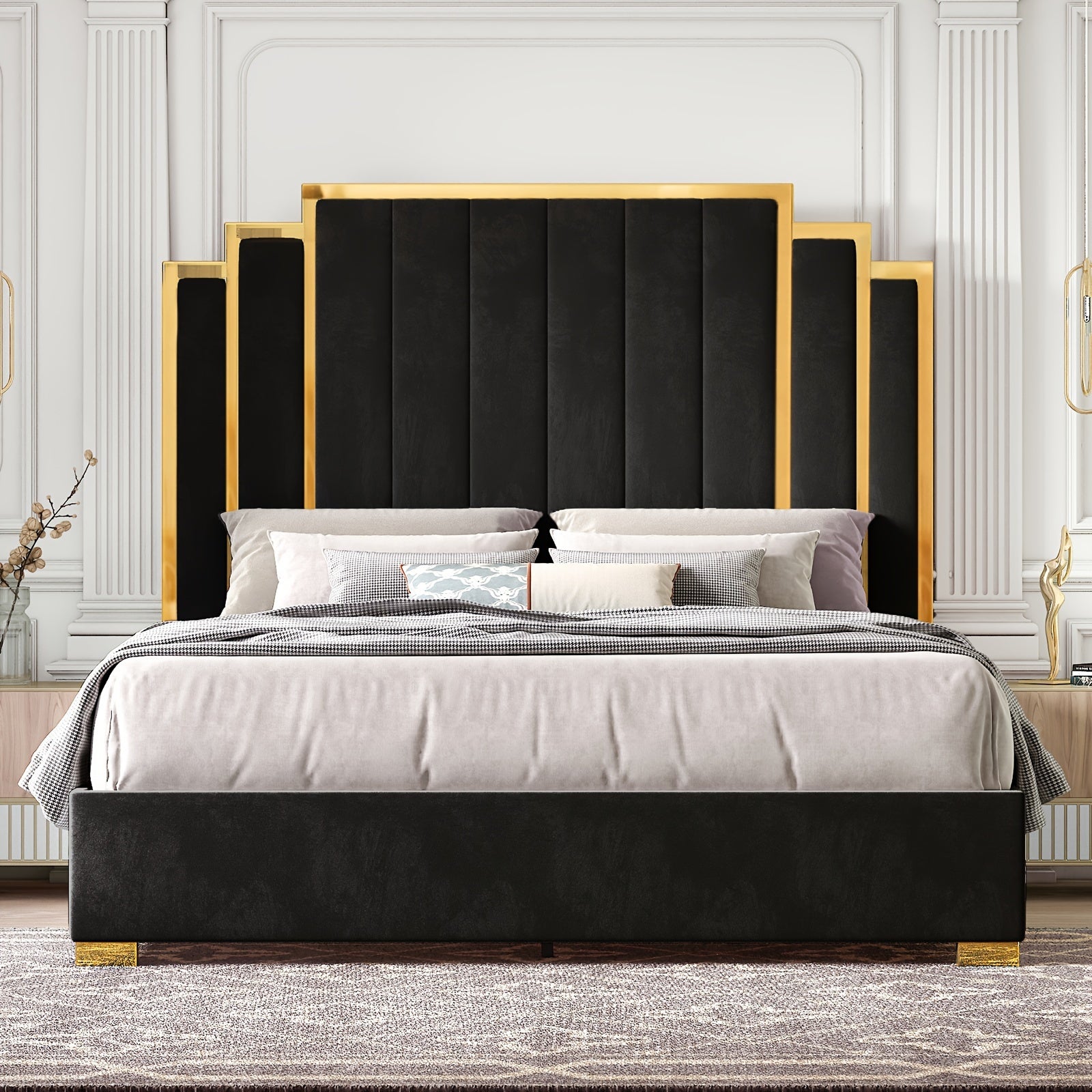 Queen Platform Bed Frame, 61.4&quot;/65&quot; Velvet Upholstered Bed With Gold Trim Headboard/Wooden Slats