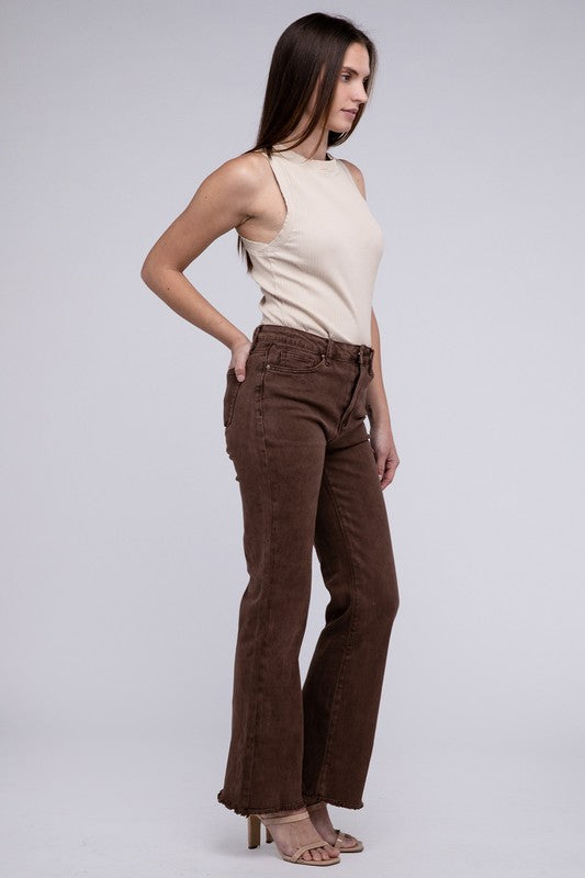 Acid -washed frayed cutoff hem straight wide pants.