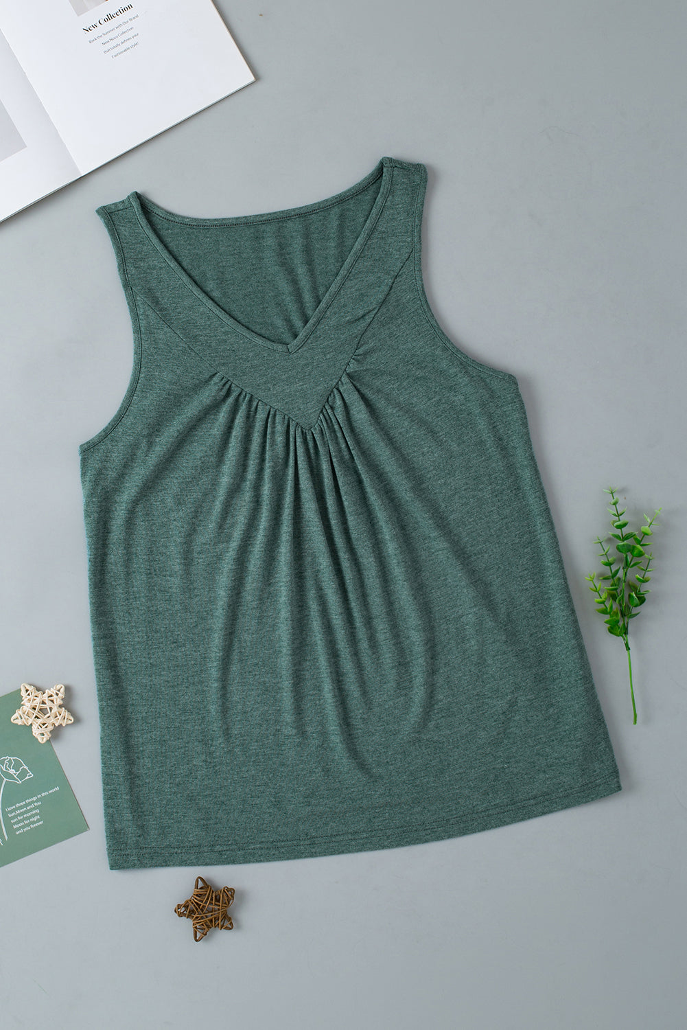 Mist Green V-Neck Ruched Sleeveless Top