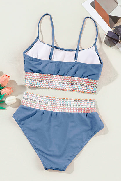 Blue Colorful Stitch Border Detail 2pcs High Waist Bikini Swimsuit