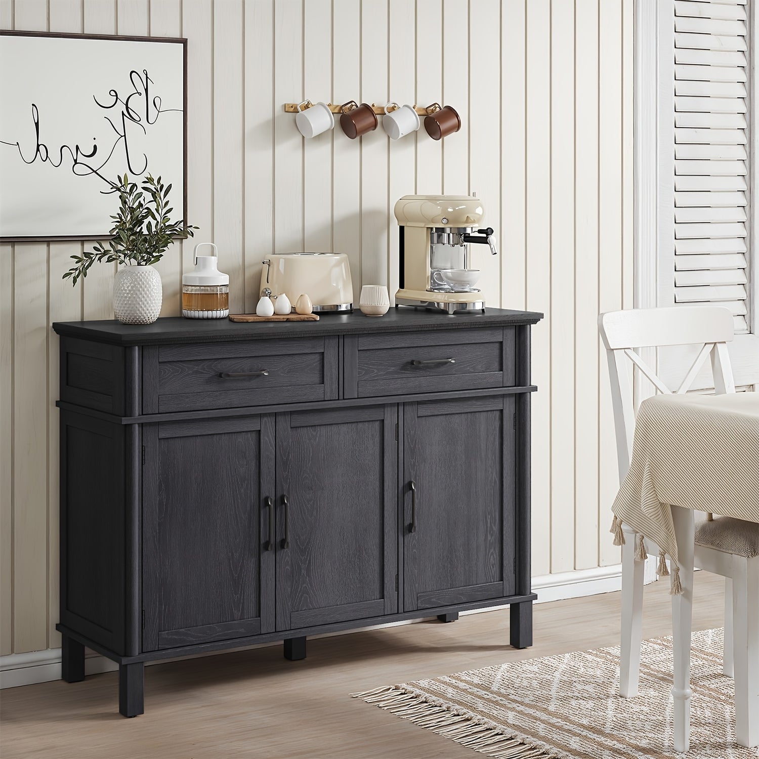 48&quot; Black Farmhouse Sideboard with Storage - Wooden Coffee Bar Cabinet Featuring 2 Drawers, 3 Doors &amp; Adjustable Shelves