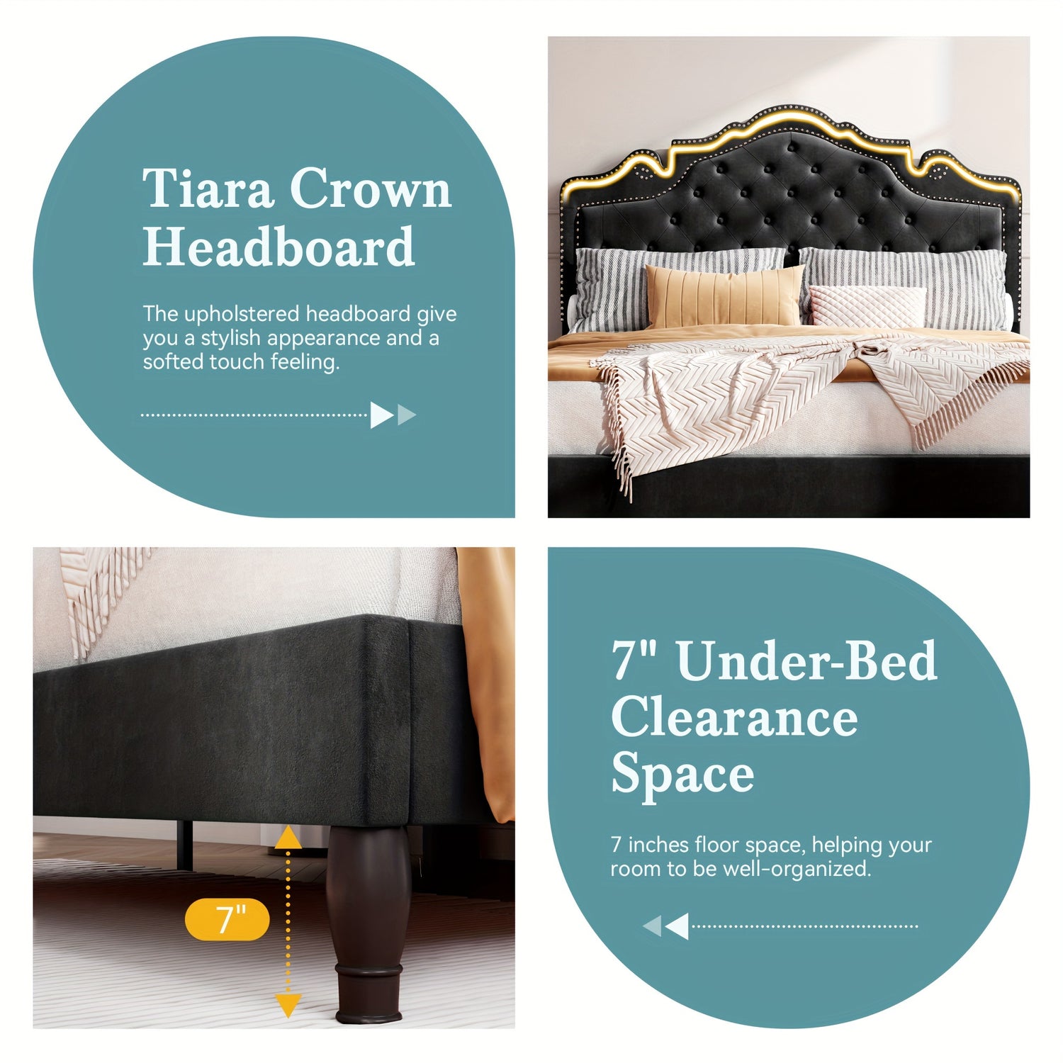 Adjustable Velvet Tiara Headboard Bed Frame - Full/Queen/King Size Upholstered Diamond Button Tufted Platform Bed
