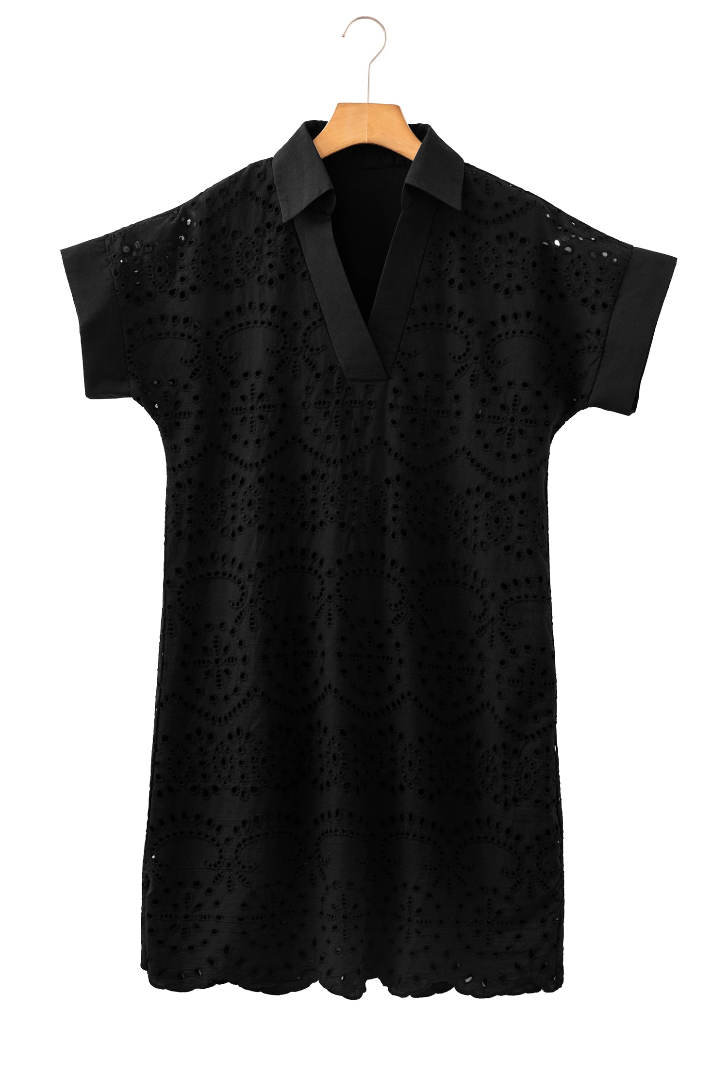 Green Solid Color Eyelet Embroidered T Shirt Mini Dress