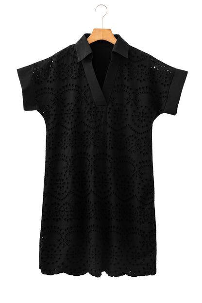 Green Solid Color Eyelet Embroidered T Shirt Mini Dress
