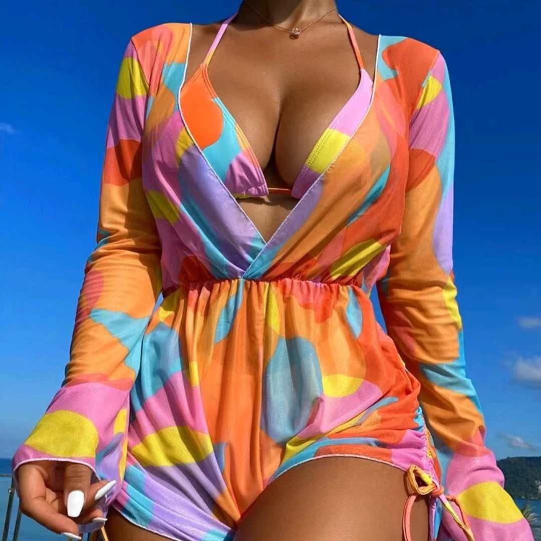 Jumpsuit long sleeved mesh hood bikini three piece swimsuit women&