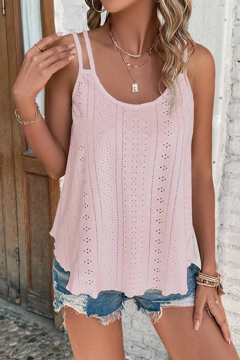 Edgy Black Strappy Scoop-Neck Tank Top with Eyelet Detailing