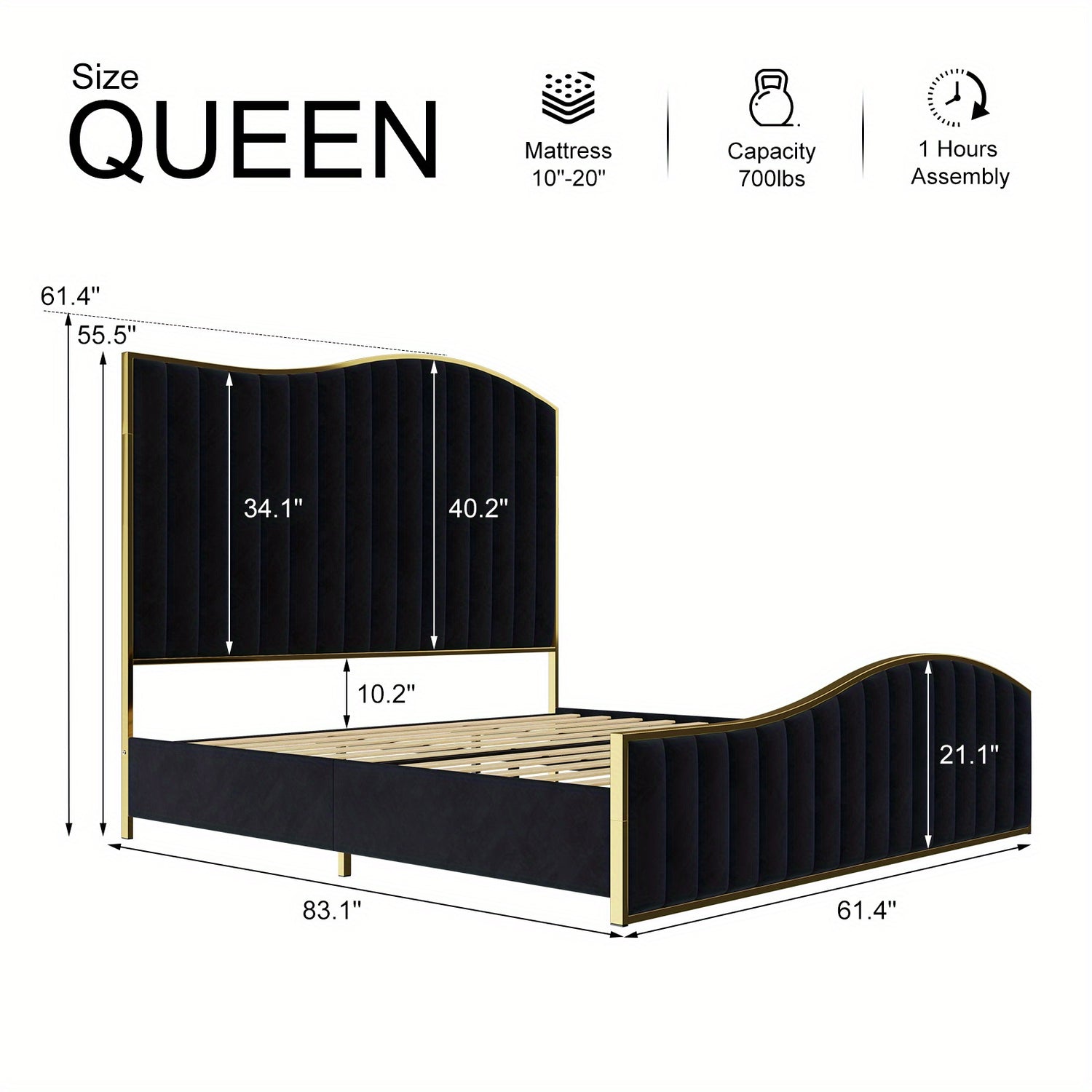 [Luxury | Velvet] Gray Luxury Velvet Platform Bed | 61.4&quot; High Headboard, Contemporary Design, Metal Frame
