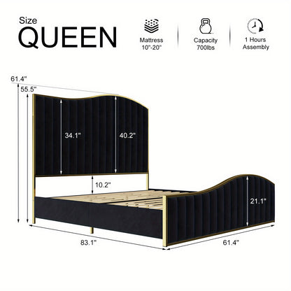 [Luxury | Velvet] Gray Luxury Velvet Platform Bed | 61.4&quot; High Headboard, Contemporary Design, Metal Frame