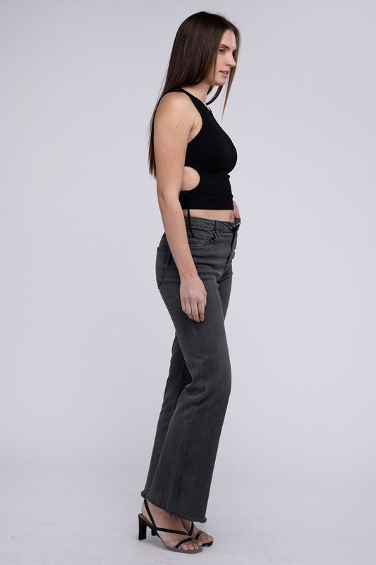 Acid -washed frayed cutoff hem straight wide pants.