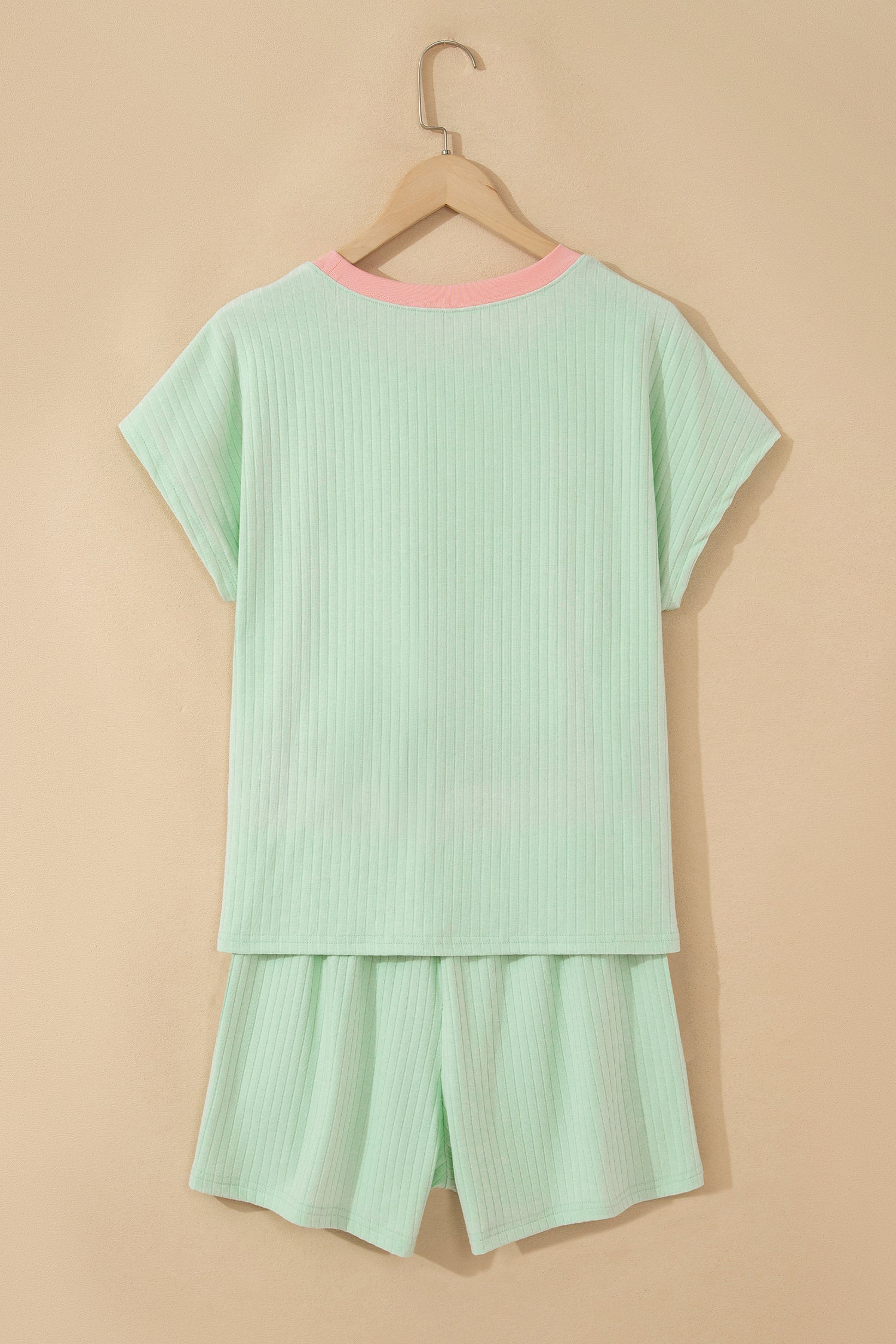 Yellow Cream Soft Ribbed Color Block Trim Casual Short Set