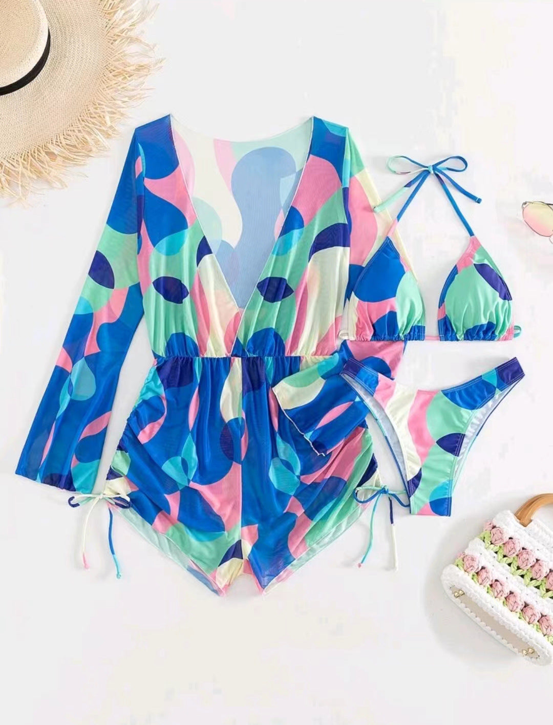 Jumpsuit long sleeved mesh hood bikini three piece swimsuit women&