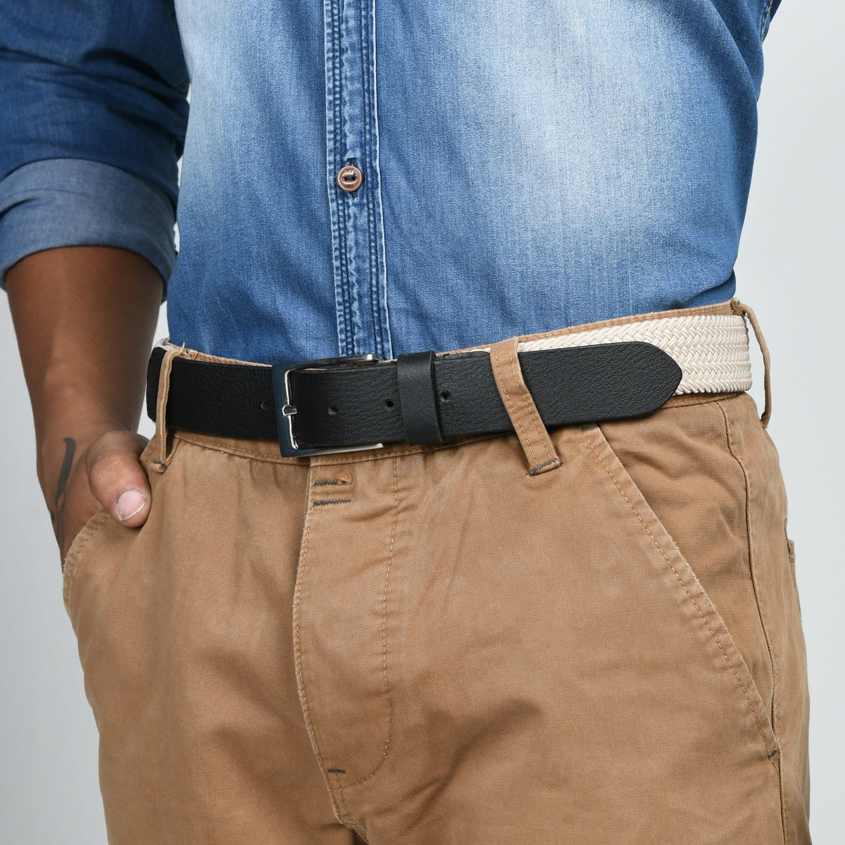 Cream &amp; Black Braided Canvas Leather Belt