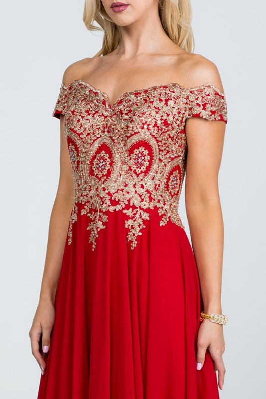 luxury with this stunning off-the-shoulder chiffon gown