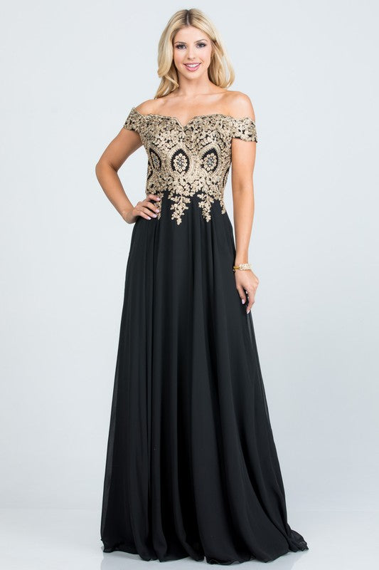 luxury with this stunning off-the-shoulder chiffon gown