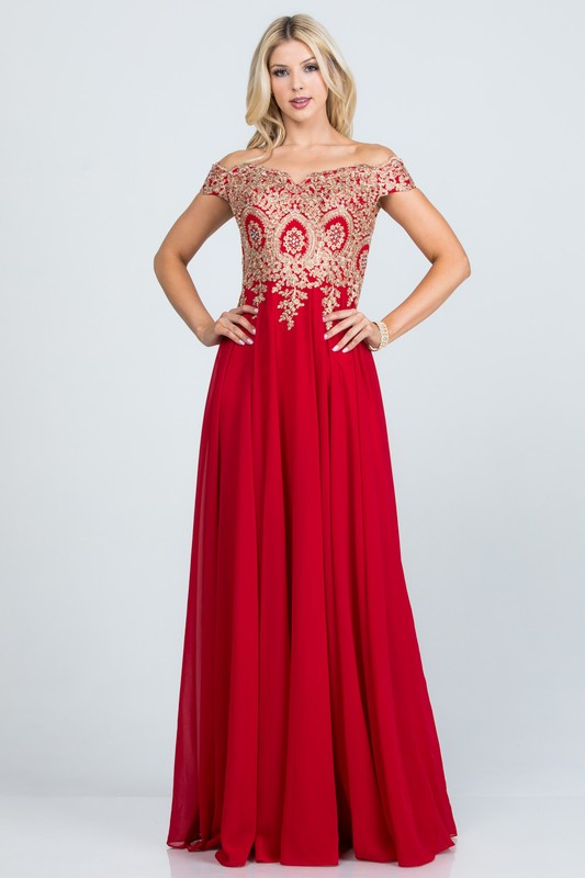 luxury with this stunning off-the-shoulder chiffon gown