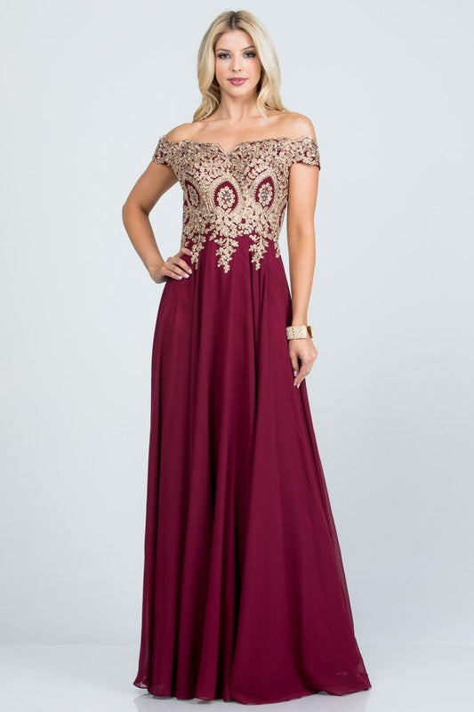 luxury with this stunning off-the-shoulder chiffon gown