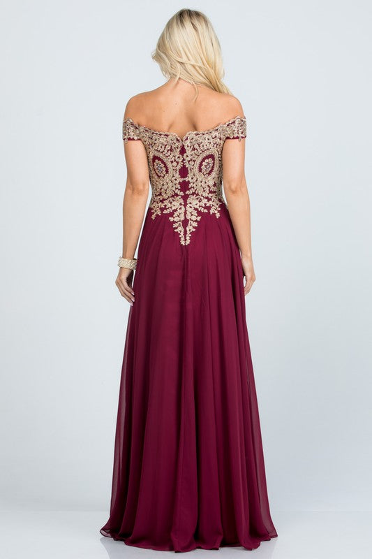 luxury with this stunning off-the-shoulder chiffon gown