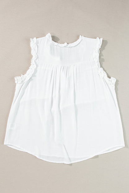 Chic White Ruffled Tank Top with Buttoned Neck and Split Design