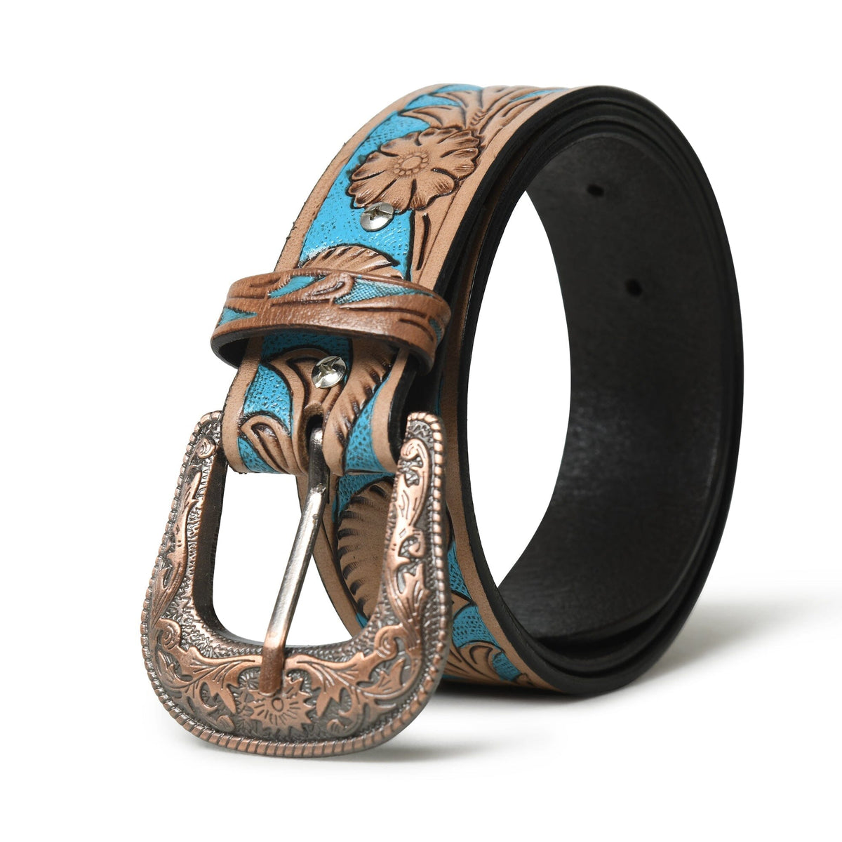 Western Cowboy Leather Belt - Blue &amp; Brown
