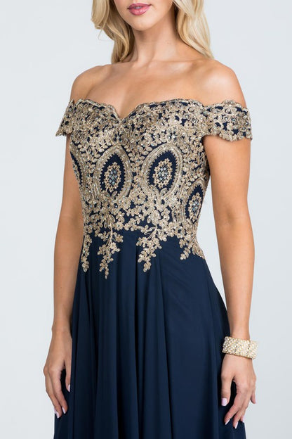 luxury with this stunning off-the-shoulder chiffon gown