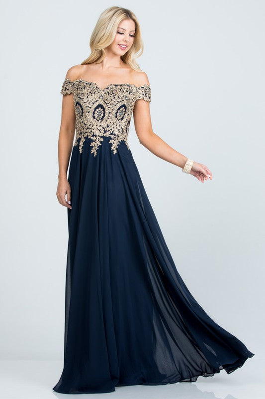 luxury with this stunning off-the-shoulder chiffon gown