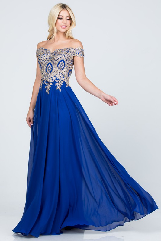 luxury with this stunning off-the-shoulder chiffon gown