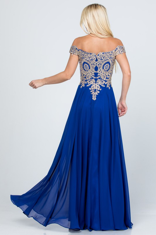 luxury with this stunning off-the-shoulder chiffon gown