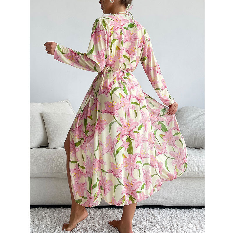 Printed long sleeved sunscreen three piece bikini set