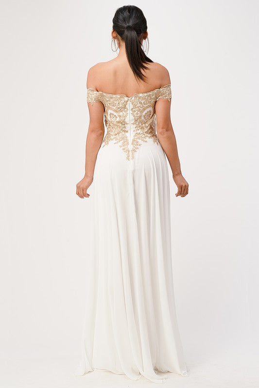 luxury with this stunning off-the-shoulder chiffon gown